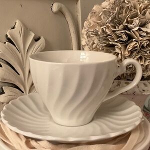 Elegant White Swirled Ironstone Teacup & Saucer
